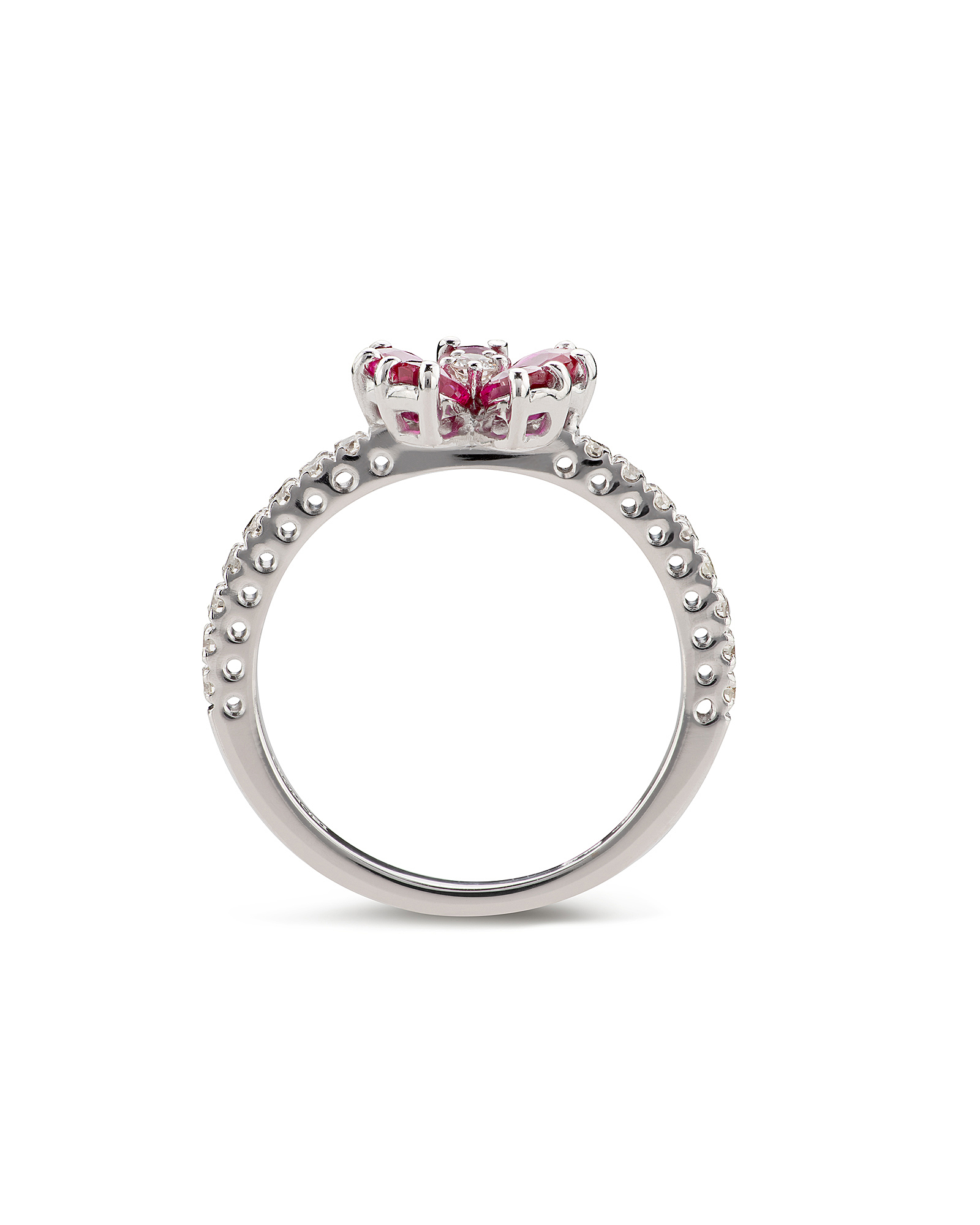 ANELLO FIORE DI CILIEGIO ORO BIANCO DIAMANTI E RUBINI
