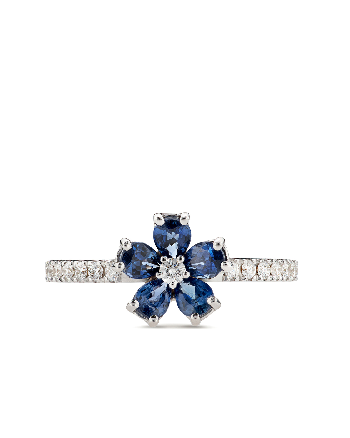 ANELLO FIORE DI CILIEGIO ORO BIANCO DIAMANTI E ZAFFIRI BLU