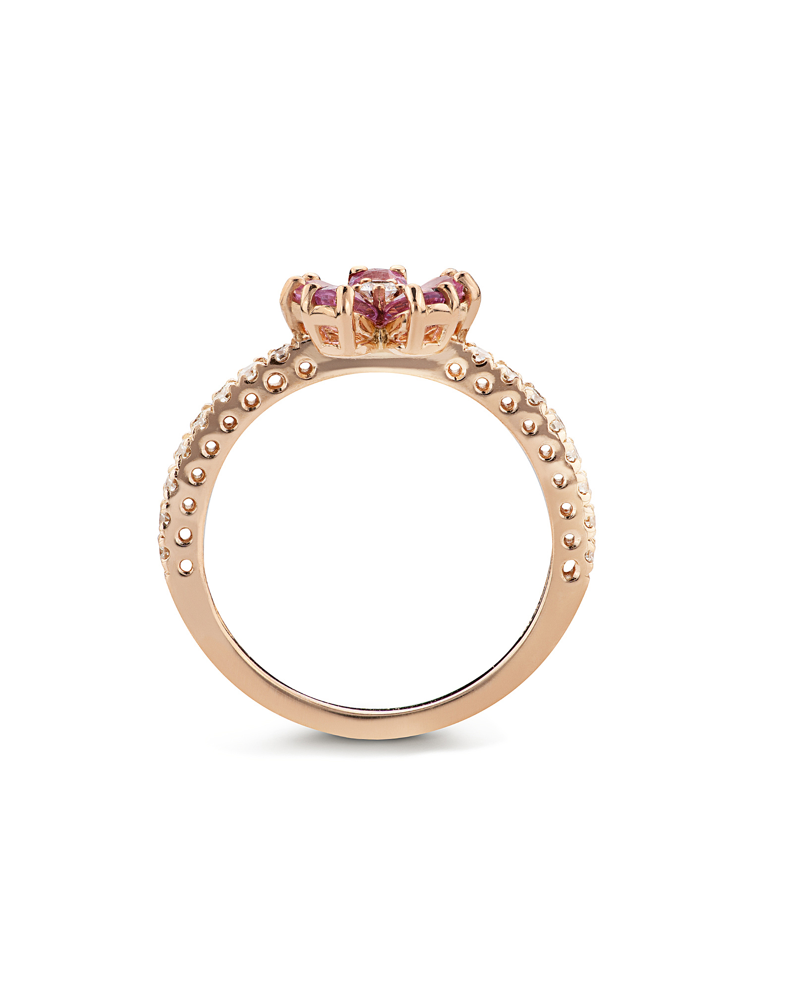 Anello Vintage Oro Rosa Con Zircone Naturale – Fiore Cavo, Microcera, Per Donna