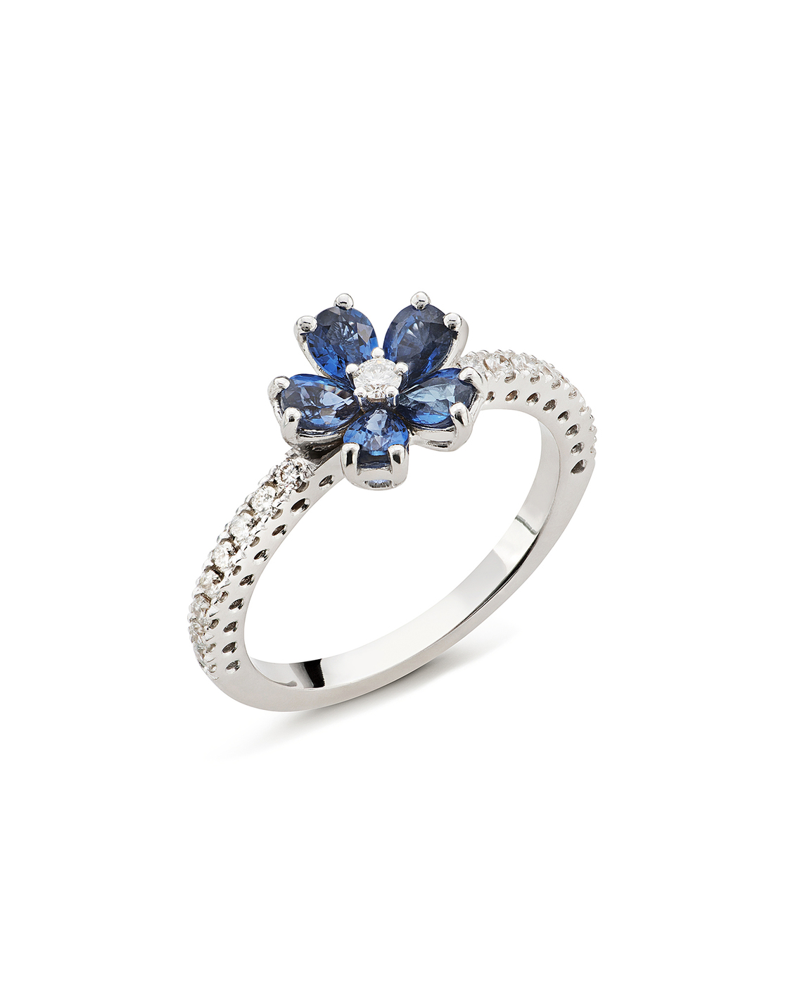 ANELLO FIORE DI CILIEGIO ORO BIANCO DIAMANTI E ZAFFIRI BLU
