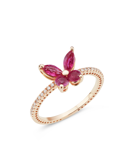 ANELLO FIORE DI CILIEGIO ORO ROSA DIAMANTI E RUBINI